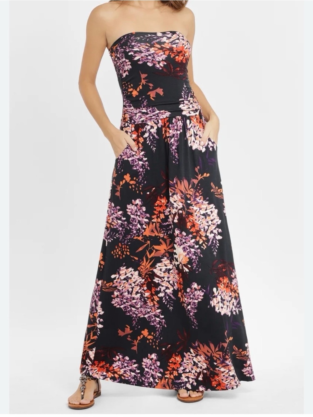 Black Strapless Floral Maxi Dress with Purple & Orange Blossoms